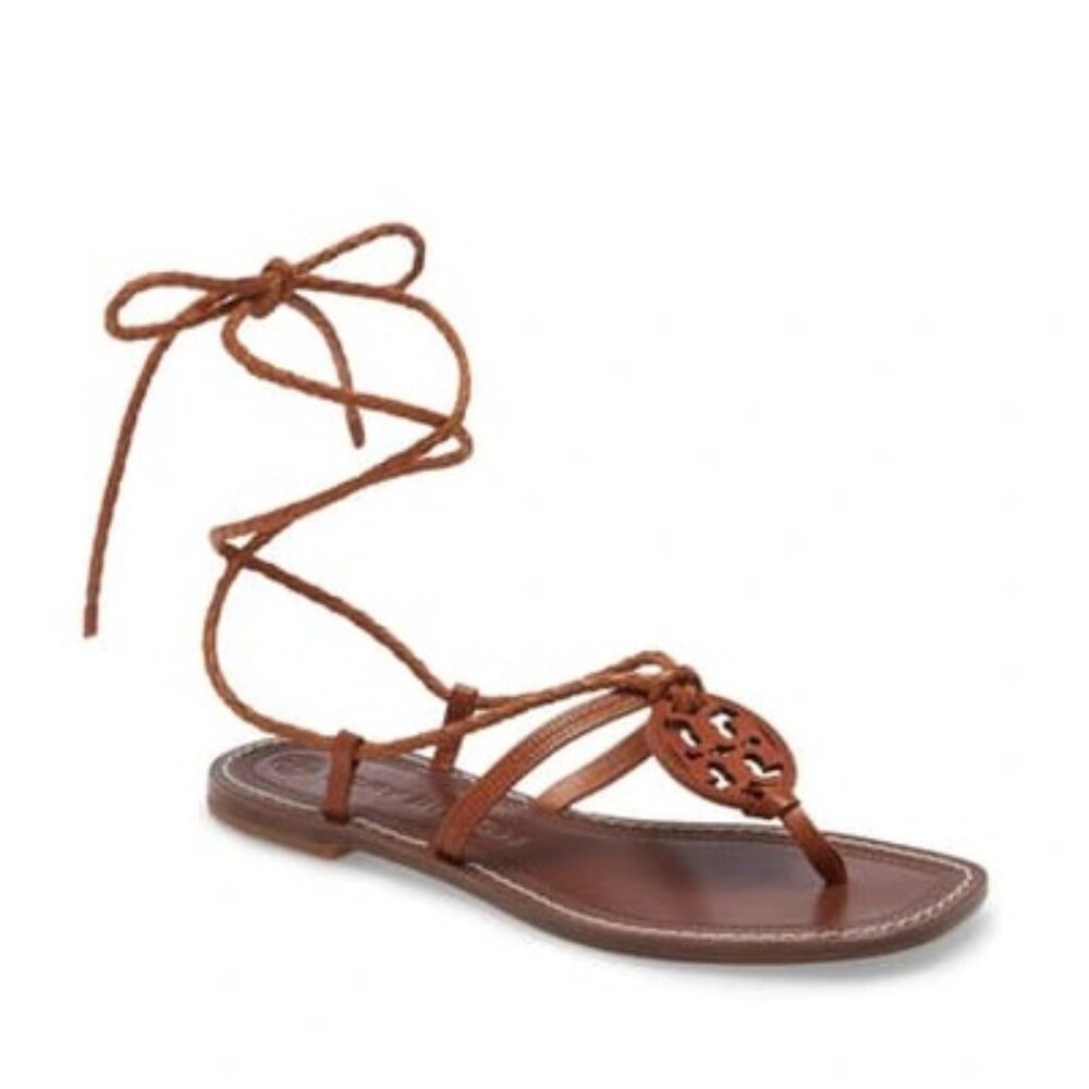 TORY BURCH Miller Braided Ankle Tie Logo Sandal In Dark Ambra, size 7